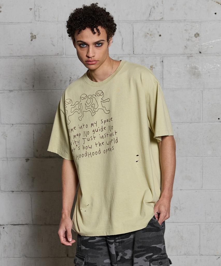 HOODHOOD Three Alien Damaged Short Sleeve T-Shirt Sage Green