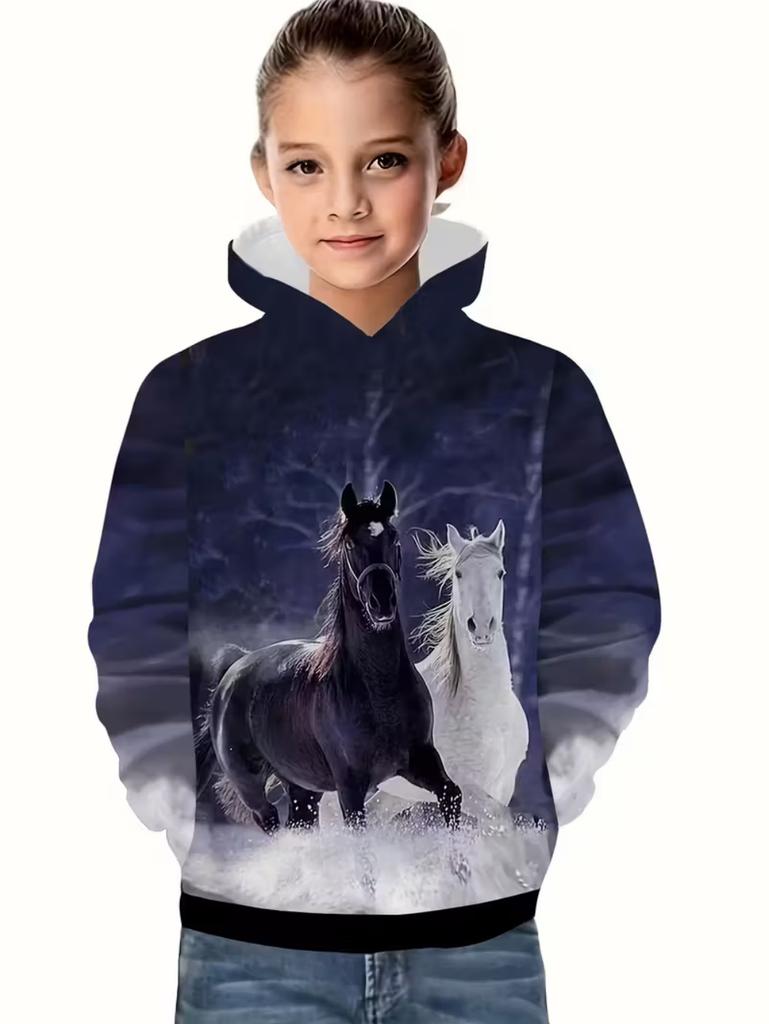 Mädchen 3D Tier Pferd Muster Langarm Kapuzenpullover, Bequeme Kleidung für Kinder