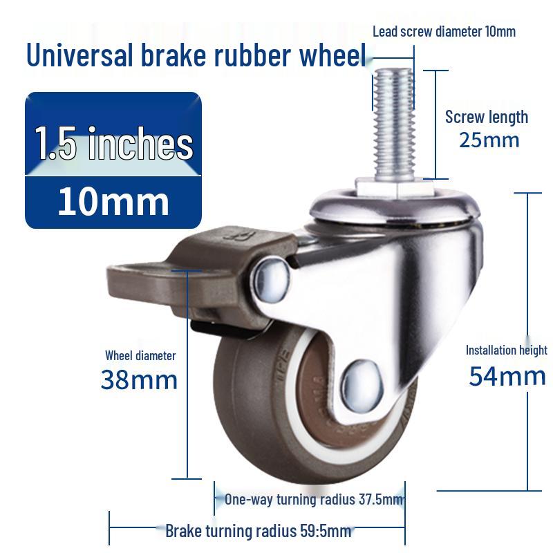 Rueda giratoria de goma universal con freno y rodamiento silencioso - Rosca M6/M8/M10/M12, Rodillo blando