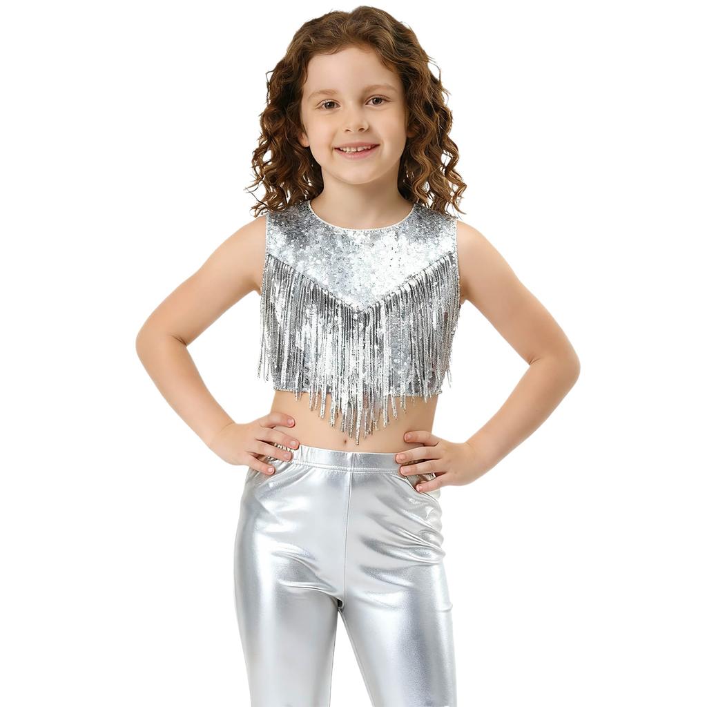 Costume da Bambina Anni '70 Disco Paillettes Lucide Girocollo Top Metallizzato Senza Maniche