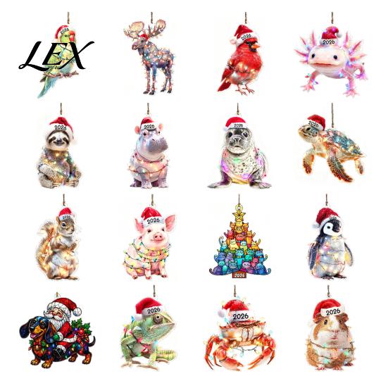 Christmas Tree Hanging Accessories Animal Ornaments with Lanyard, Cute Double Sided Pendant 2026 Acrylic Gift Tags Santa Hat, 2D Flat Sign for Holiday