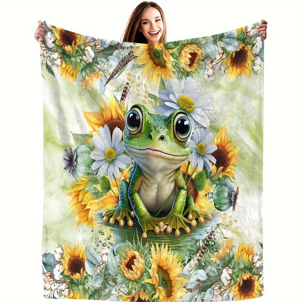 Cozy Frog Pattern Digital Printing Throw Blanket - Cute Amphibian Motif Soft Lightweight Accent for Sofa Bed Travel Office