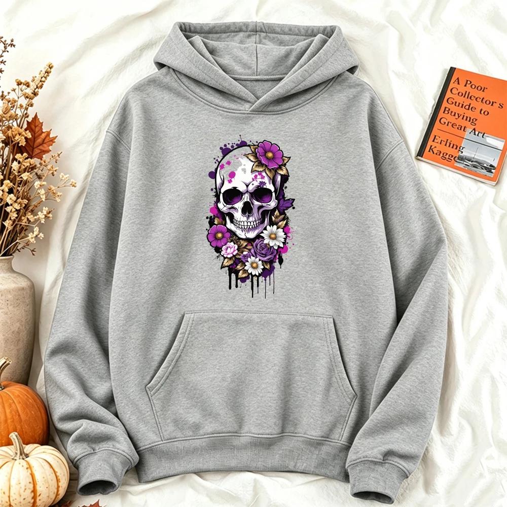 Gotischer Lila Floral Totenkopf Grafik Damen Hoodie Langarm Herbst Winter Halloween Tag der Toten Ästhetik Streetwear Y2K Damen Oberteil