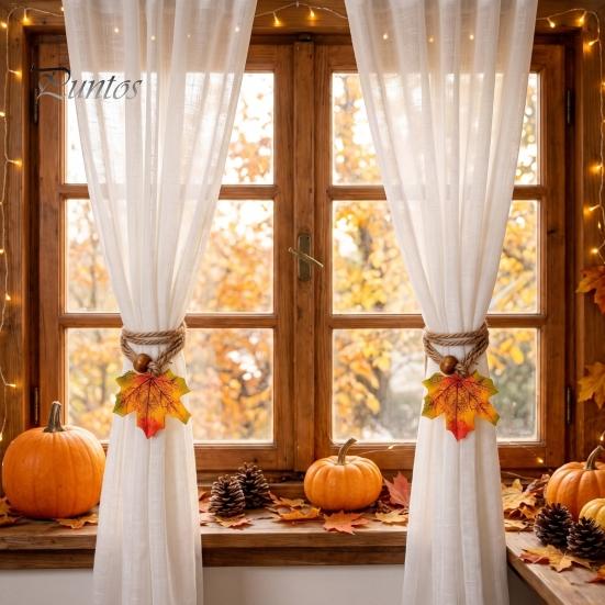 Autumnal Window Treatment Hardware Maple Leaf Curtain Tieback, Autumn Farmhouse Holder, Rustic Fabric Straps Decorative Drapery Holdback for