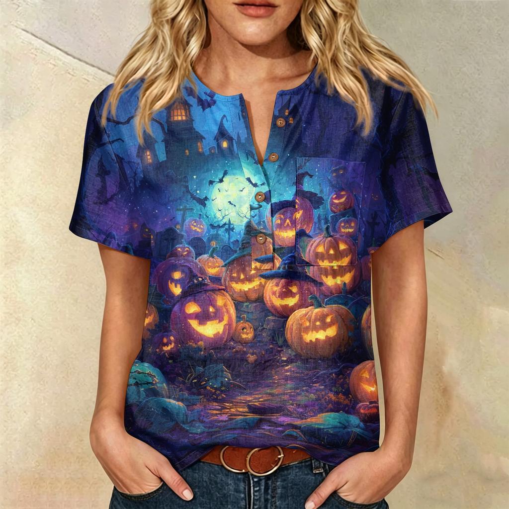 Women Casual Short Sleeve Henley Shirt with Chest Pocket Halloween Themed Graphic Print Cotton Linen Blended Fabric Relaxed Fit