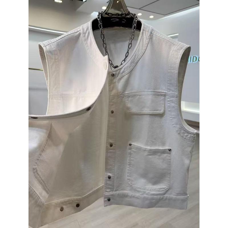 Women's White Denim Vest Sleeveless Button Front Multi Pocket Casual Loose Fit Outerwear