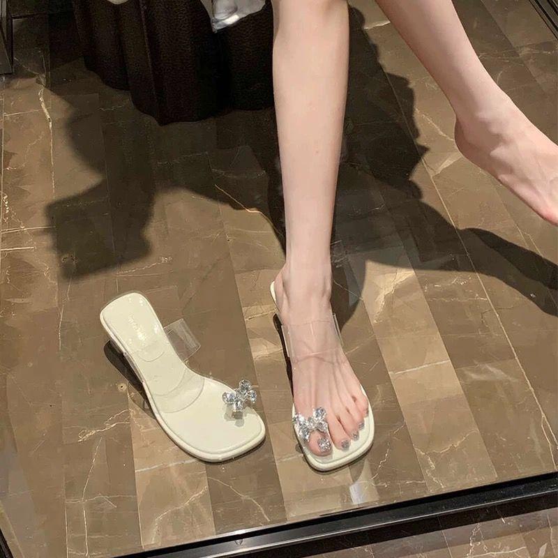 Fashion Slippers Casual Butterfly-Knot Glitter Slides Shoes Square Heel Transparent Heel Luxury Jelly Block Summer Crystal Scandals Butt