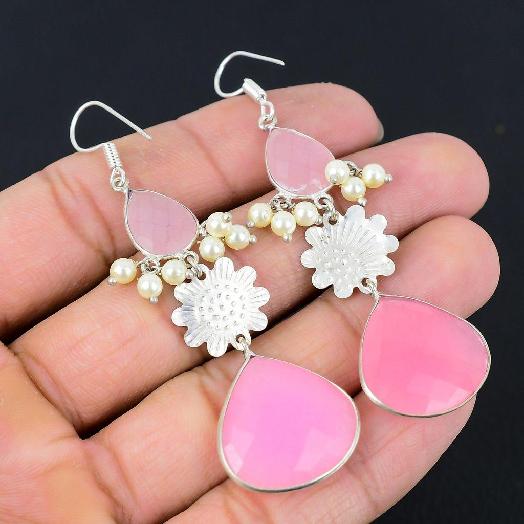 Ροζ Χαλκηδόνιος Πολύτιμος Λίθος 925 Ασήμι 925 Σκουλαρίκια Κρεμαστά Εθνοτικά Κοσμήματα