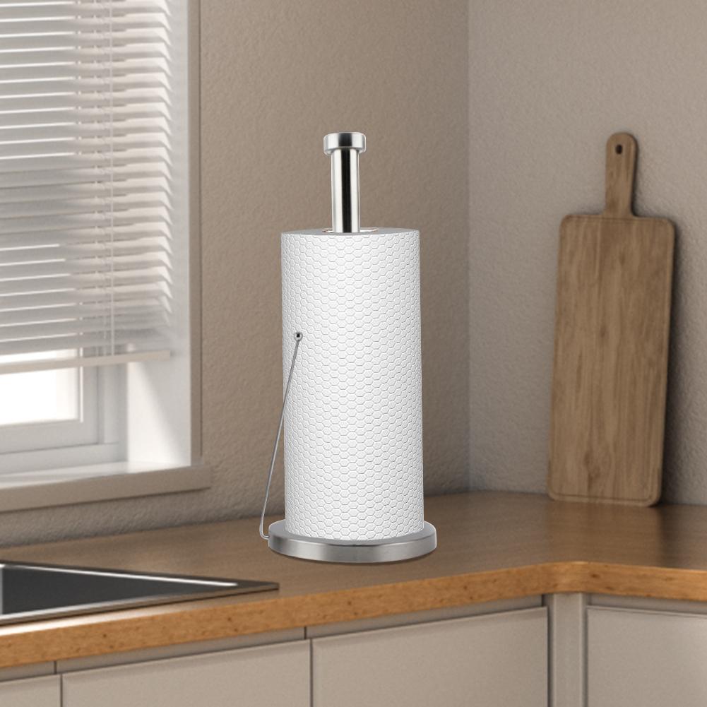 Silver Roll Holder with Round Base Toilet Paper Dispenser Stainless Steel Tissue Napkins Rack for Kitchen Storage Organisation