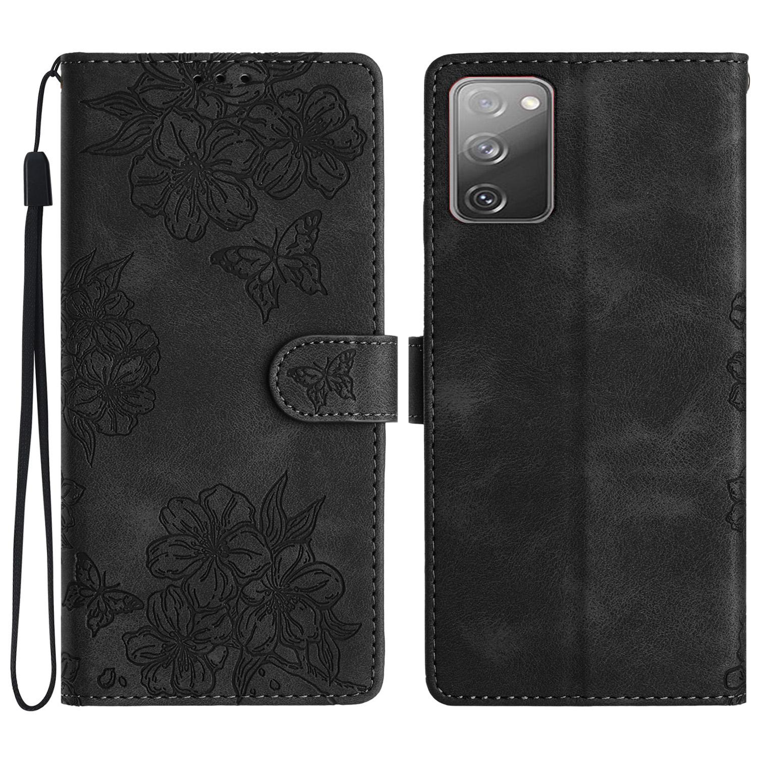 

For Samsung Galaxy S20 FE/S20 FE 5G/S20 FE 2022/S20 Lite Case Sakura Butterfly Imprint Leather Wallet Phone Cover Black