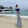 New Blue Gradual Change Mesh Word Shoulder Dress Female Sexy Temperament Slim Holiday Beach Dress