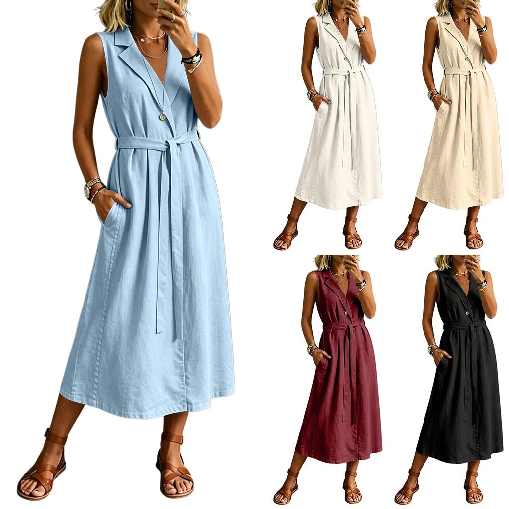 Sleeveless Lapel Collar Midi Dress with Button Front and Waist Tie for Women Casual Loose Fit Summer Dress