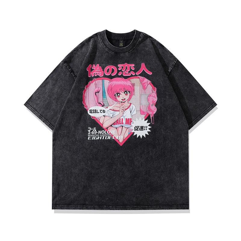 Two-Dimensional Animation Printed T-Shirt Street Trendy Brand Retro Washed Old Small Neckline Short Sleeve Vintage T-Shirt Men