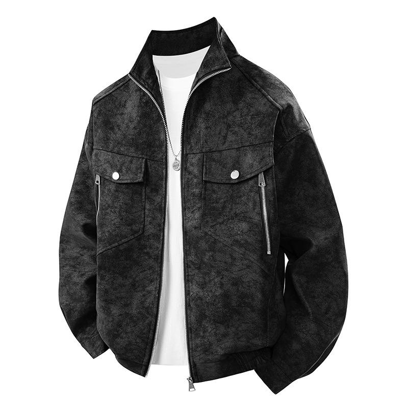 Men's Gray PU Leather Stand Collar Retro Workwear Jacket for Spring/Autumn