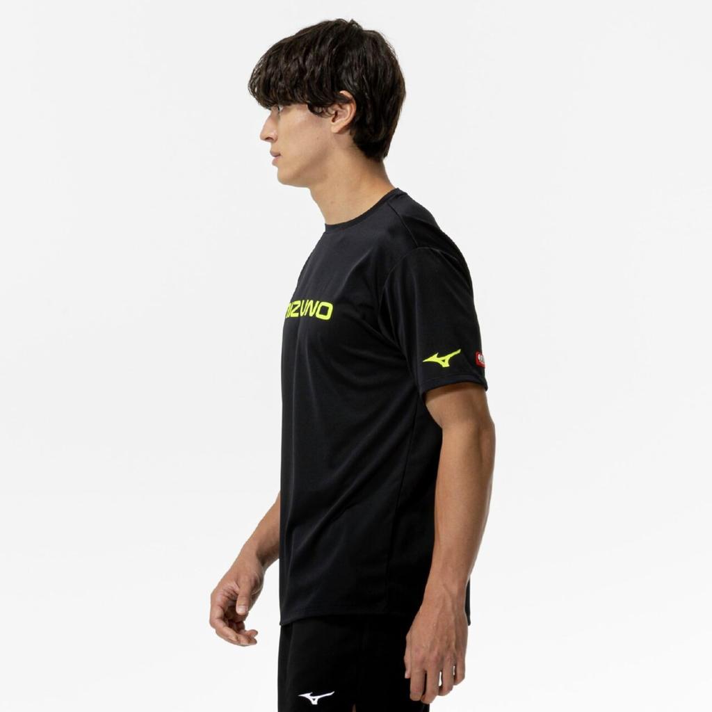 Mizuno Table Tennis Game Short JTTA Yellow Shirt, Sleeve, U-Neck, Unisex, Moisture-Wicking, Quick-Drying, Certified, 82JAA110, Black/Safety