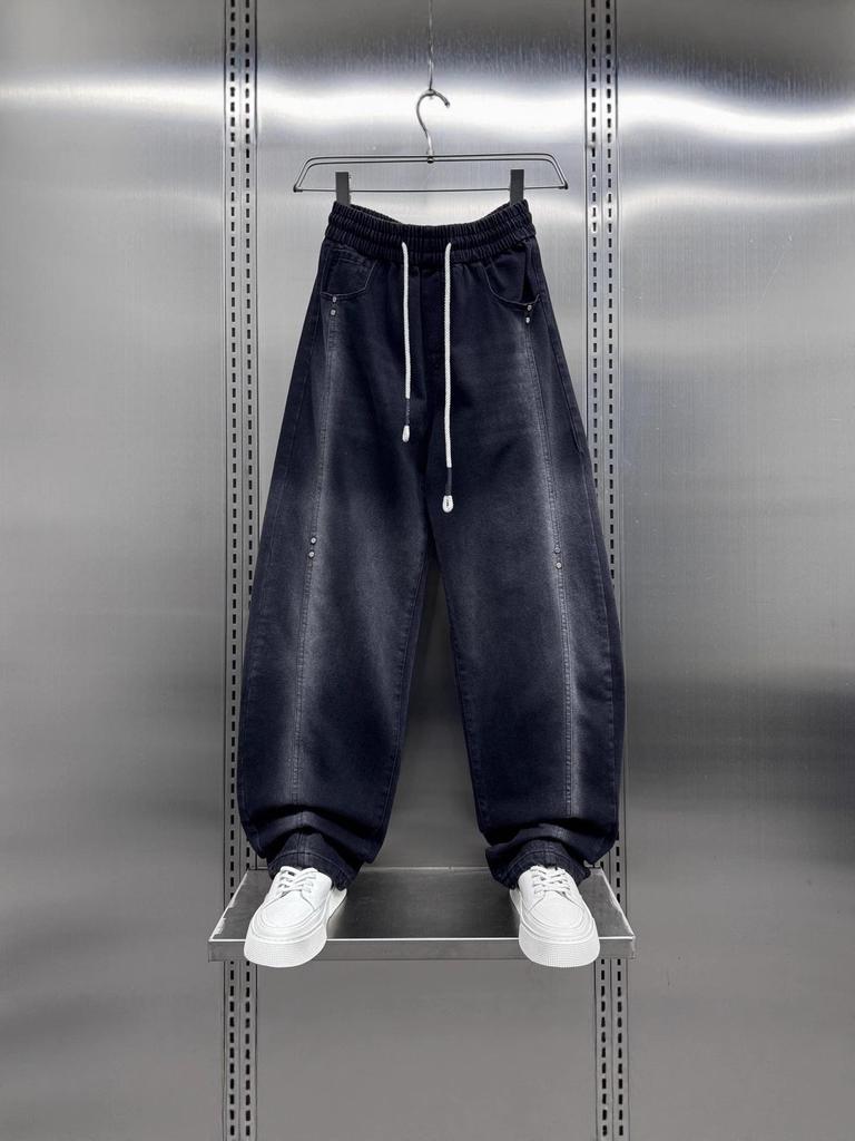 Nowość na wiosnę Męskie Ciężkie Jeansy Patchworkowe Scimitar - Luźne, Szerokie Nogawki, Prosty Krój, Długie do Ziemi Spodnie