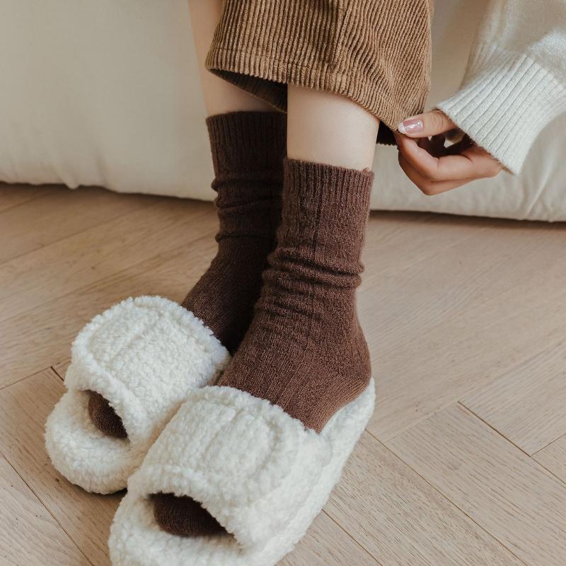 1 par de meias femininas de lã de caxemira quente para outono e inverno, meias femininas grossas, térmicas, de cor pura