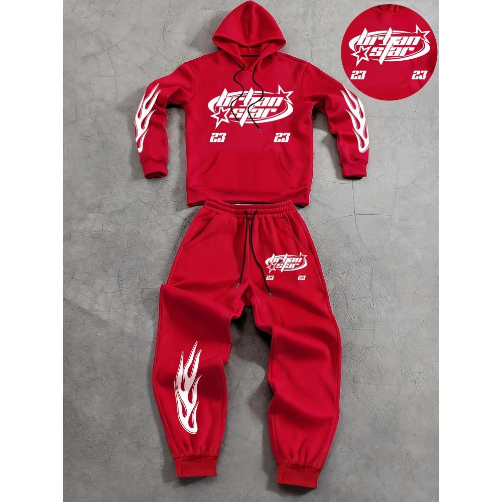 Retro Men's Casual Hooded Sweatshirt and Drawstring Waistband Sweatpants Set with Letter Design Pattern Print Suitable for Casual Wear
