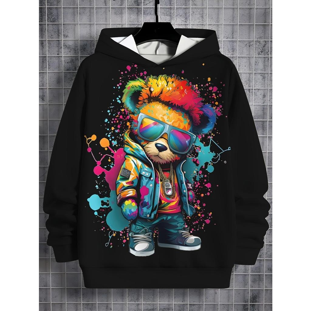 Boy's 3D printed bear pattern hoodie - colorful animal pattern long sleeved pullover machine washable