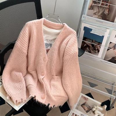 Pullover Strickjacke Jacke Damen Lässig Locker Gestricktes Oberteil Langarm Einfarbig Vielseitig Herbst Winter Neu