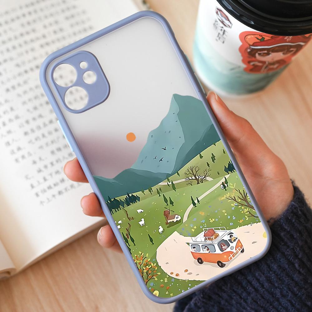 Cartoon Landscape Scenery Phone Case For iPhone 15 14 12 11 13 Pro XS Max 13Mini XR X 8 14Plus SE3 Matte Hard Cover Shell Fundas