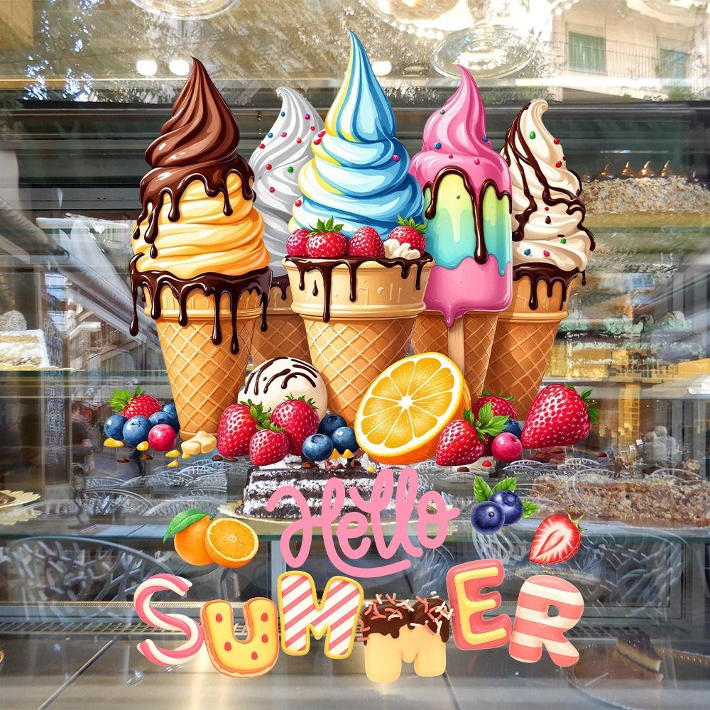 Cartoon Ice Cream Static Window Sticker Milk Tea Cup Glass Door Decals  Home Decoration