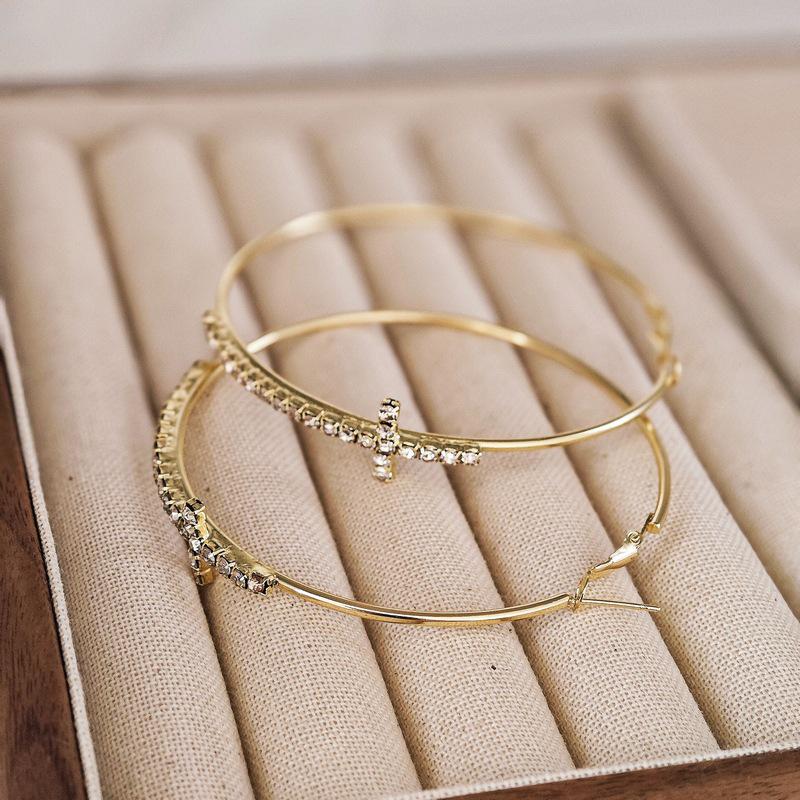 Gold-tone Diamond-Inlaid Hoop Earrings - Bold European and American Style for Women