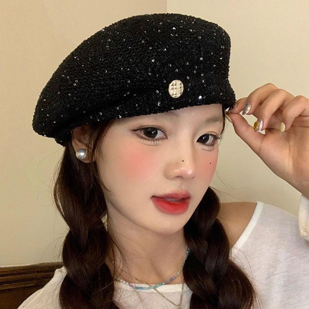 Hollowed Out Weave Hat Breathable Crochet Knitted Cap Cute Sequin Beret Hat  Summer