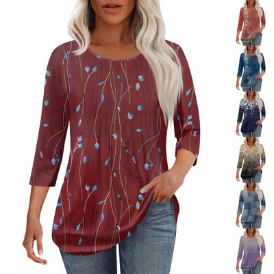 Tricou de damă la modă casual plisat cu gât rotund, cu imprimeu de agrement, cu mâneci trei sferturi