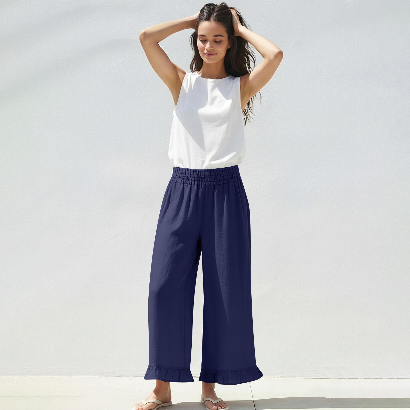 

Women s Casual Fashion Cotton-Linen Blend Wide-Leg Pants With Side Pockets XL Темно-синій