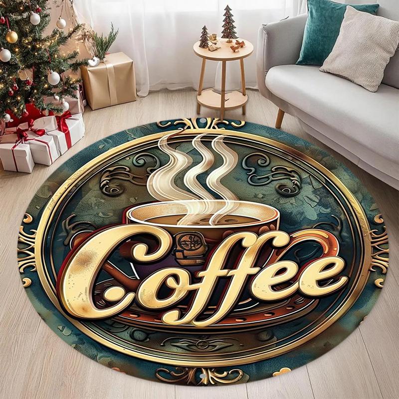 Tazza da Caffè Vintage Stampa Chicchi Tappeto Rotondo Antiscivolo Lavabile Pavimento Blu-Verde Marrone Arancio per Amanti del Caffè Decorazione Casa