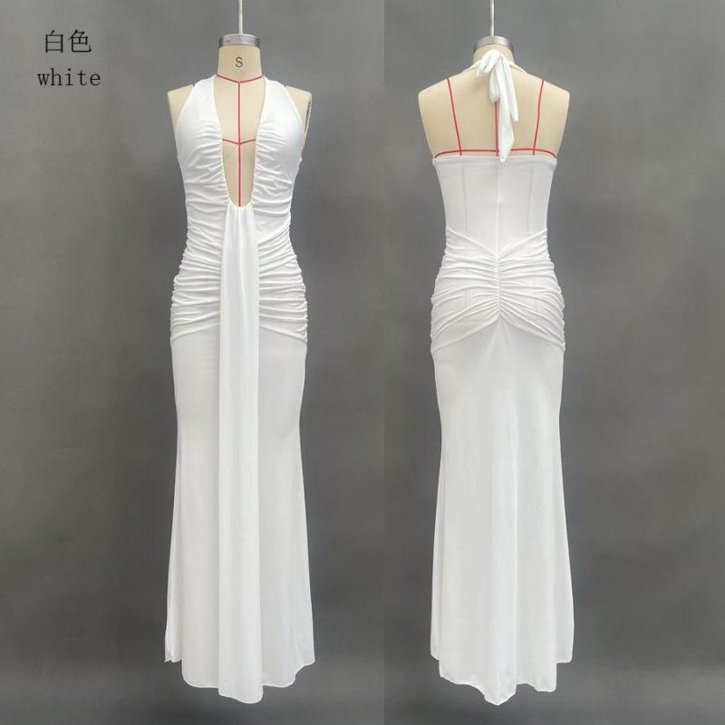 New Women's Long Dress Solid Color Elegant Neck Deep V Waist Sexy Backless Streamer Fishtail Skirt