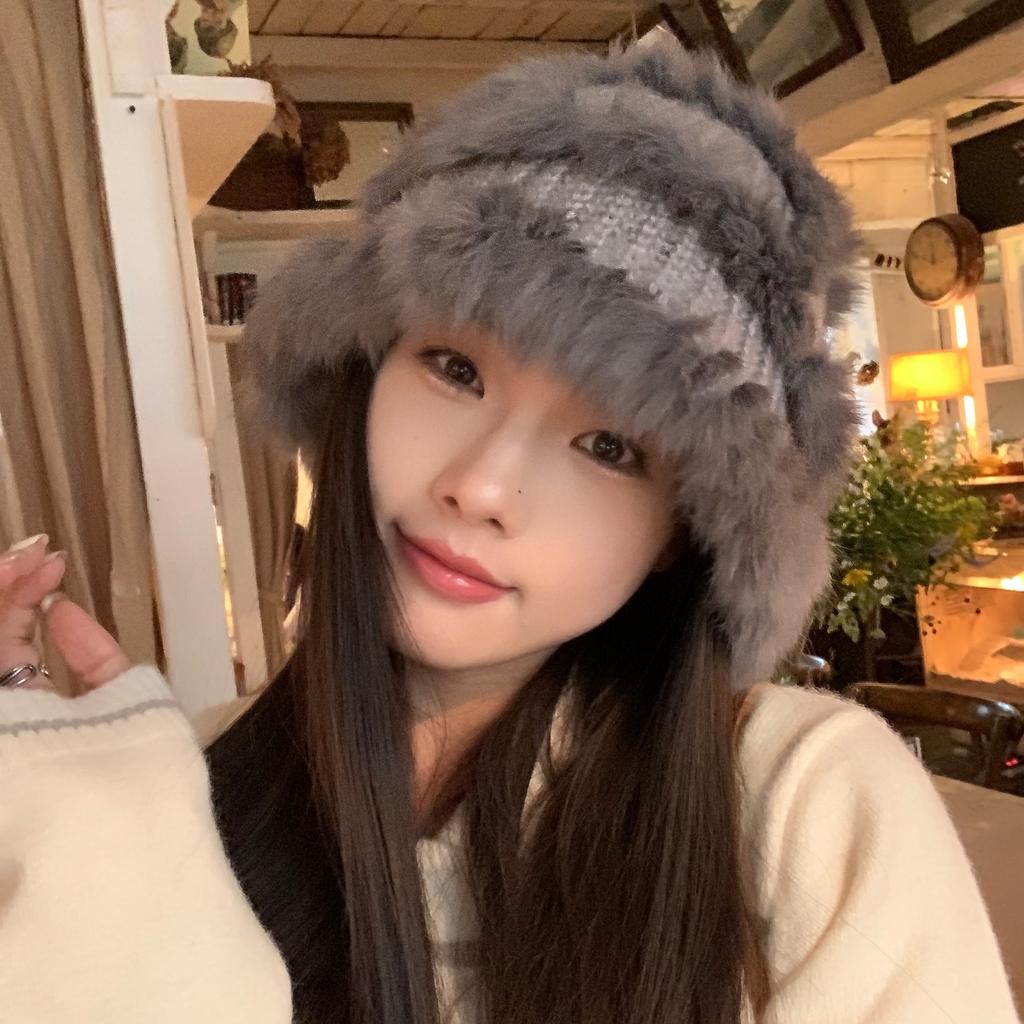 Rabbit Fur Knitted Woolen Hat for Women In Winter Cute Face Showing Small Warm Hat  Thickened Ear Protection Hat  Plush Bucket Hat
