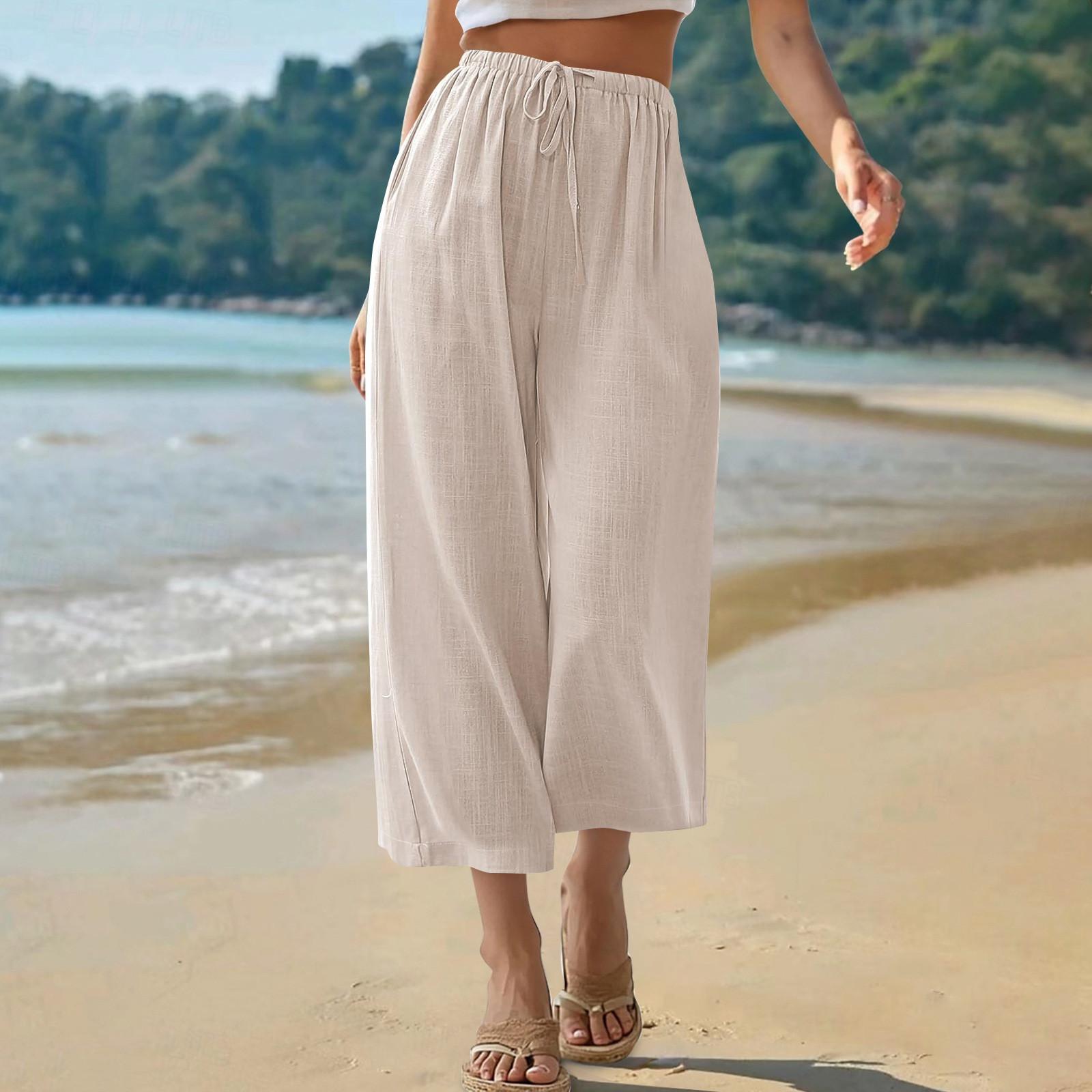 

Капри брюки для женщин хлопок лен повседневные летние прямые широкие свободные завязывающиеся на резинке на талии укороченные брюки XL бежевый