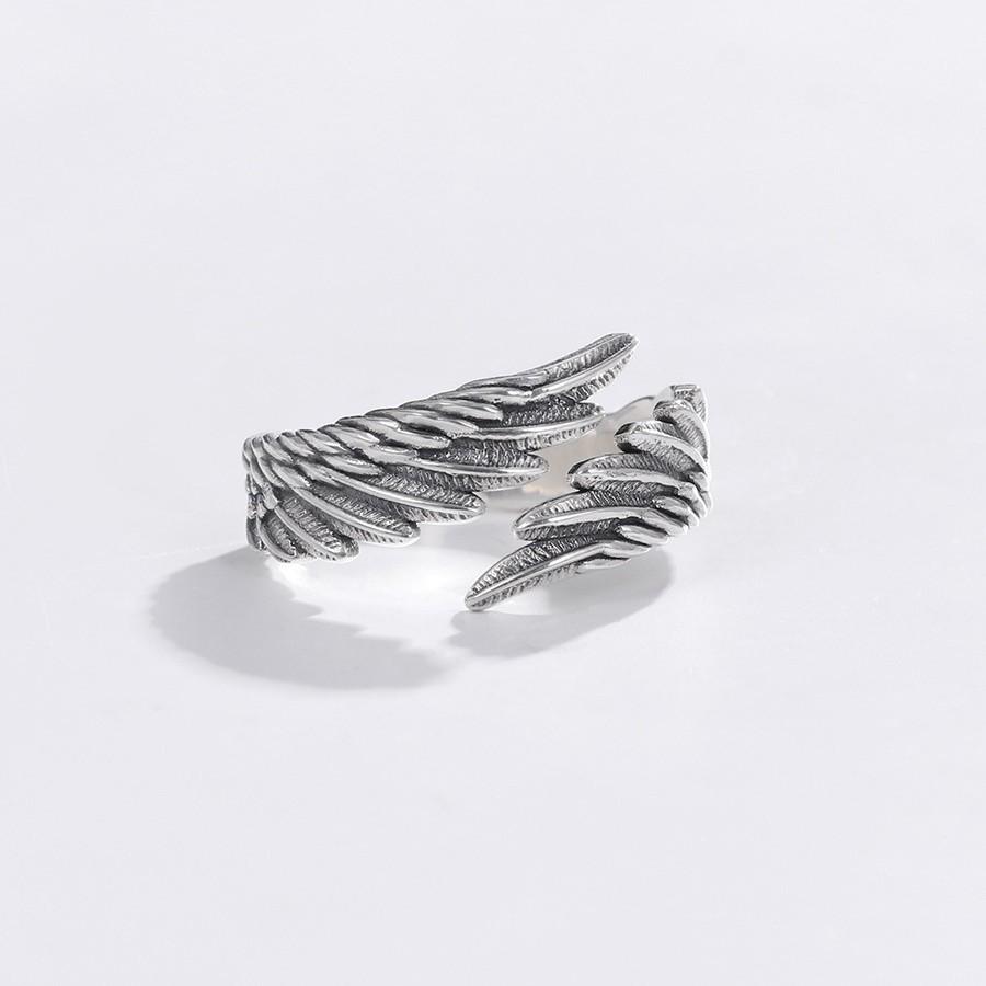 Vintage Oxidized Thai Silver Angel Wings Ring – Creative Feather Design for Men & Women