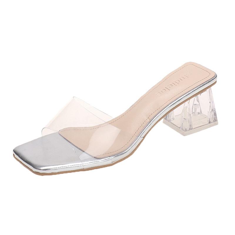 Sandaler Dame Pumps Tøfler Dame Square Toe PVC Slides Sommersko Sandaler Høye hæler