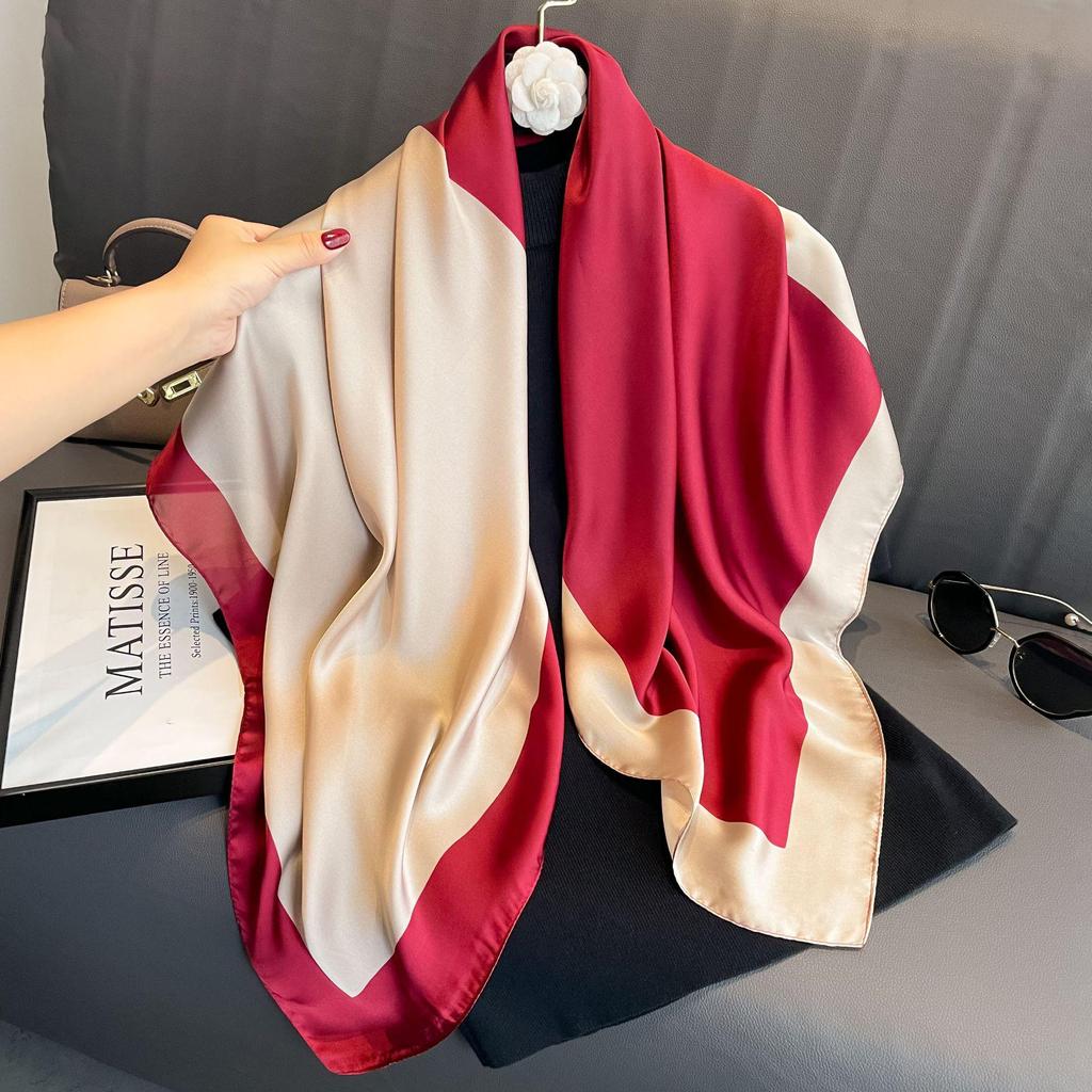 Women's Retro Fashion Mulberry Silk Feel Square Scarf - Summer Faux Satin, Sun Protection, 90cm