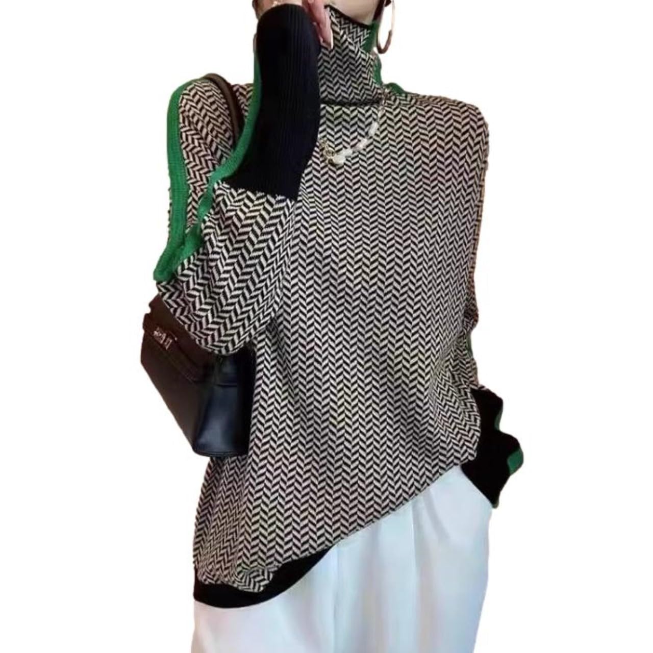 

Топ J-Scott свободного кроя с воротником-стойкой, вязаный узором «елочка», пуловер, облегающий, рукава 1/4, зеленый, JS105-GR-XL зелёный