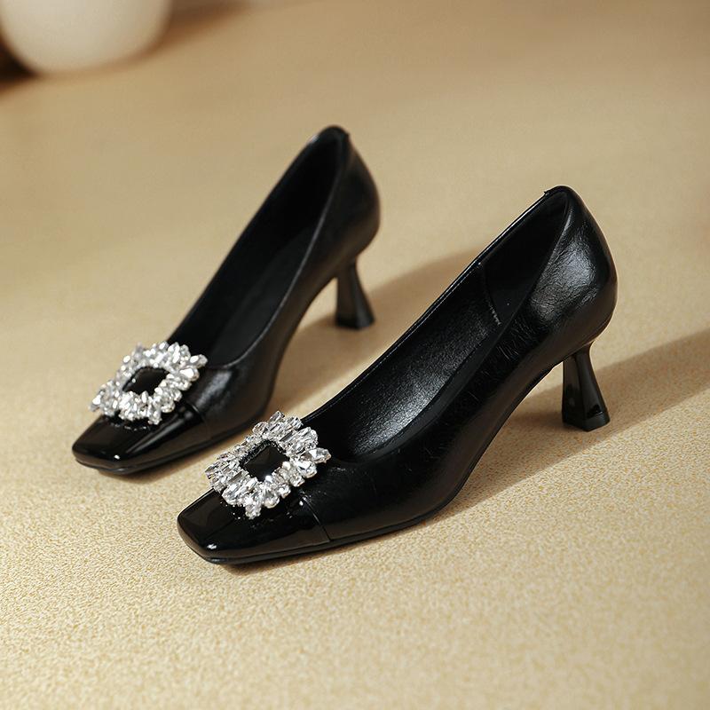 Square Head Color Matching High Heels Women's Thin Heels 2025 New Huizhou Women's Shoes Rhinestone Metal Buckle Small High Heel Light Mouth Single Sh