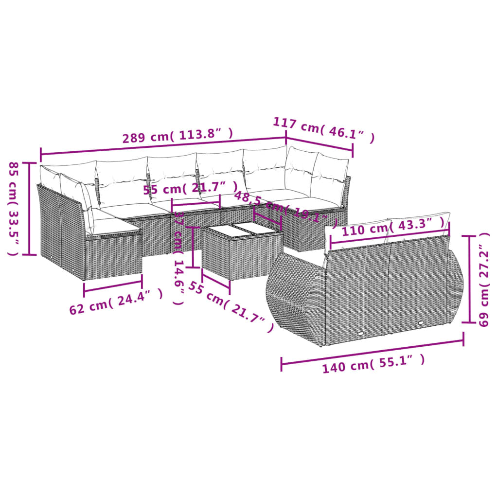 Vidaxl 10-Cz. Garden Furniture Set With Cushions, Beige, Poly Rattan