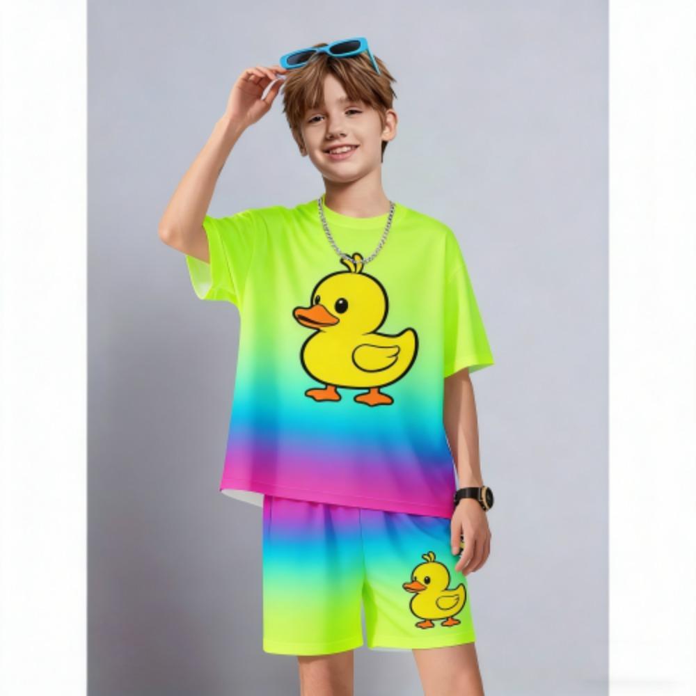 Kids Set Fun Cartoon Duck Printed Kids T-shirt and Shorts 2 Piece Set Summer Casual Outdoor Boys and Girls Outfit Kids Clothing