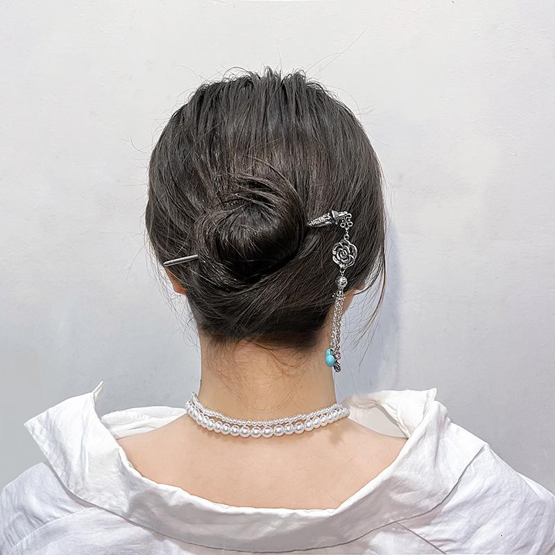 Turquoise Tassel Hanfu Hairpin with Hollow Flower Design