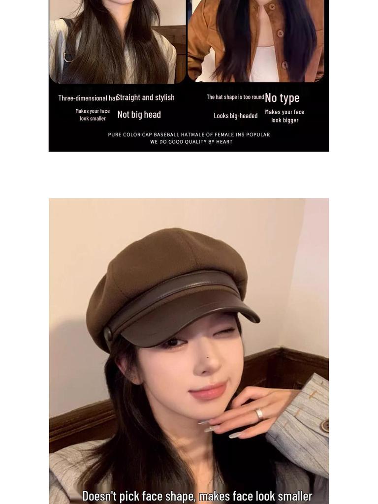 Novo Boina Octogonal Feminina 2025 – Preto, Ajuste para Cabeça Grande, Tendência Artística Outono/Inverno, Estilo Pintor de Rosto Pequeno