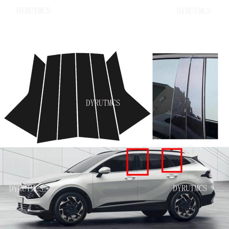 6pcs Glossy Black Silver Carbon Pillar Posts Fit For Kia Sportage 2023-2024 Door Window Trim Cover BC Column Stickers