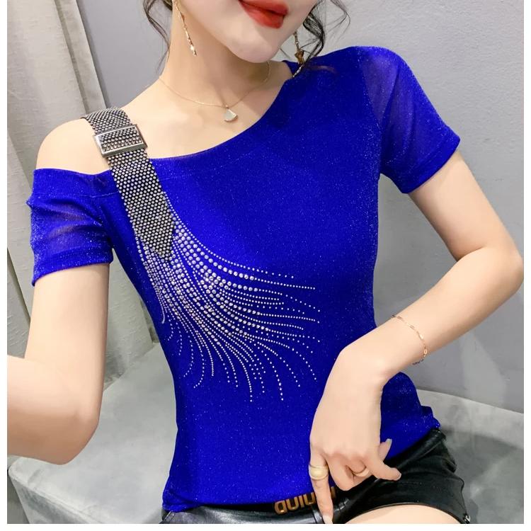 Summer Fashion European Female Clothes T-Shirt Sexy Off Shoulder Shiny Diamonds Mesh Women Tops All Match Tees Blouse