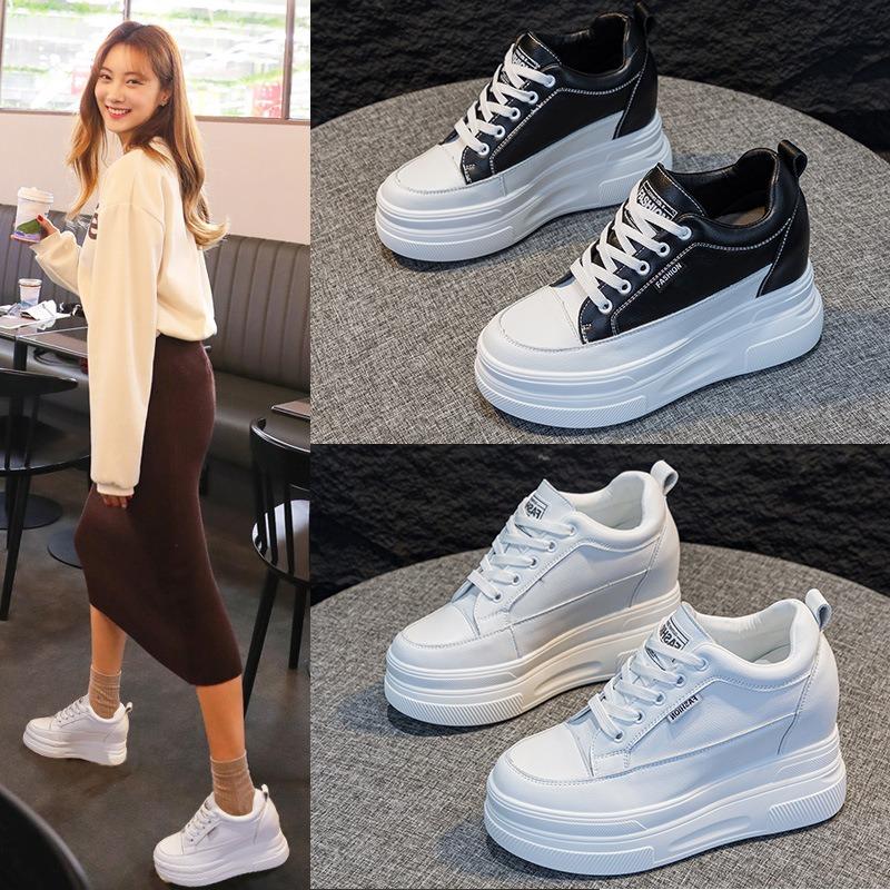 Inner Height Increase White Shoes Women's Autumn New Leather Wedge Heel Women's Shoes Muffin Thick Sole 10 Casual Single Shoes