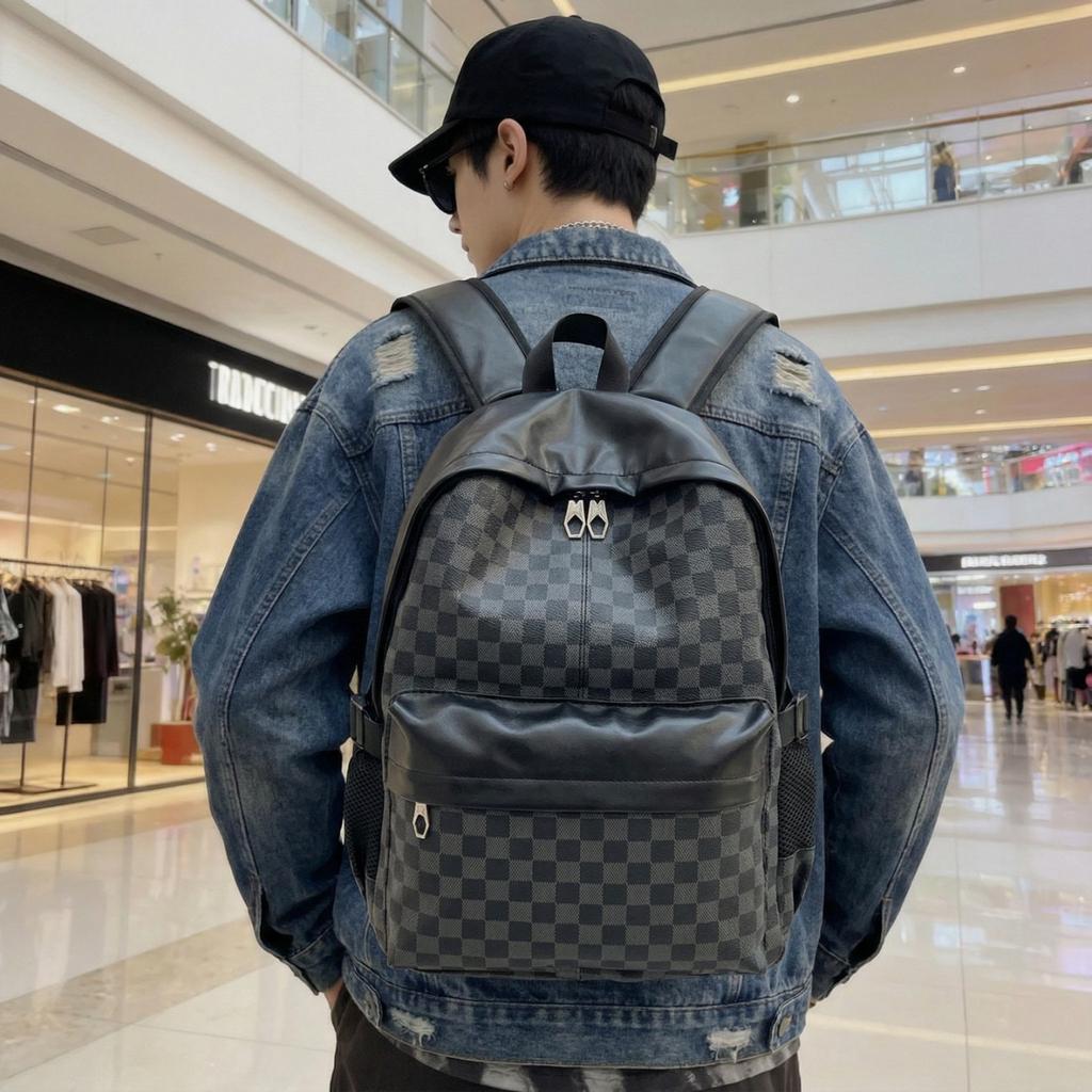 Schoolbag Chessboard Plaid Backpack Men's Backpack Commuter Waterproof Lightweight Travel Bag Men's Trendy College Student School Bag Women's