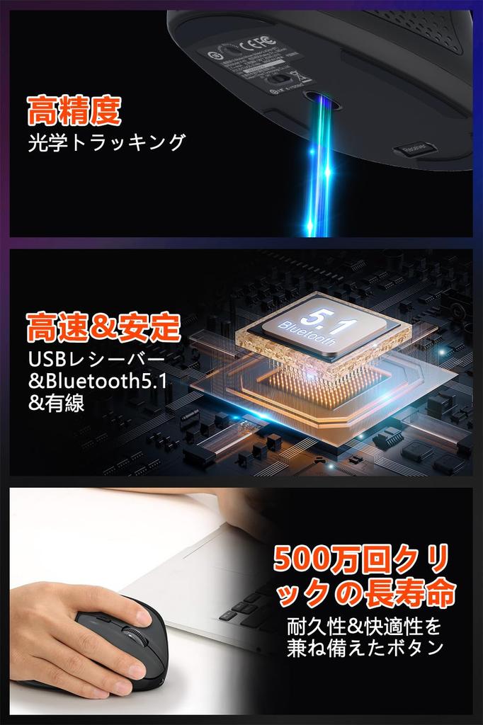Ergonomic Bluetooth Wireless Vertical Bluetooth 4800 6 Ergonomic Compatible with No Hand Fatigue Mouse, Type, 5.1+, 2.4G+, Wired, 3-Mode Connection,
