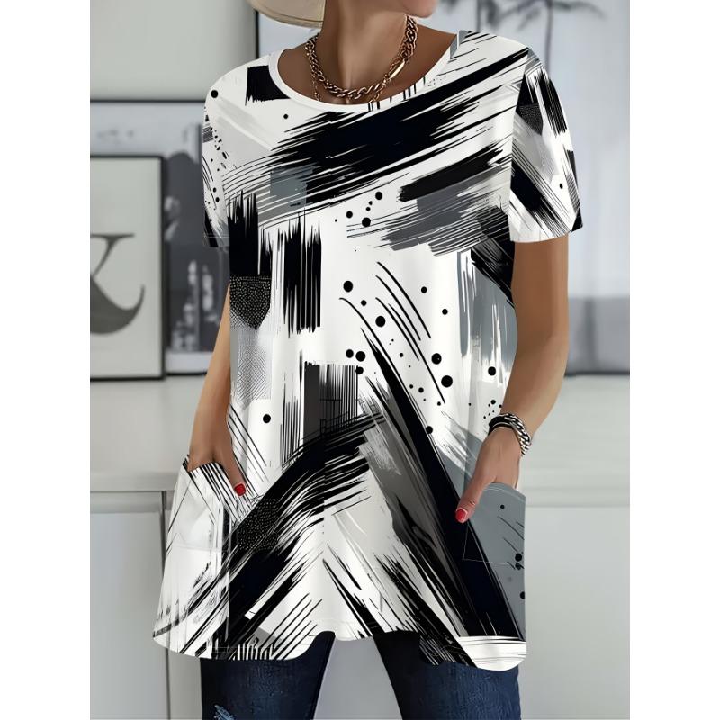 Women's Short Sleeve T-Shirt Abstract Brushstroke Print Round Neck Compatible Top