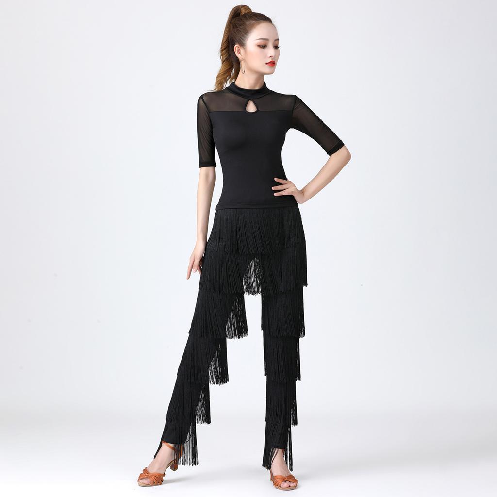 Women's Dancewear Elastic Waistband Tassel Latin Dance Pants Tango Cha-Cha Performance Costume Tiered Fringed Trousers